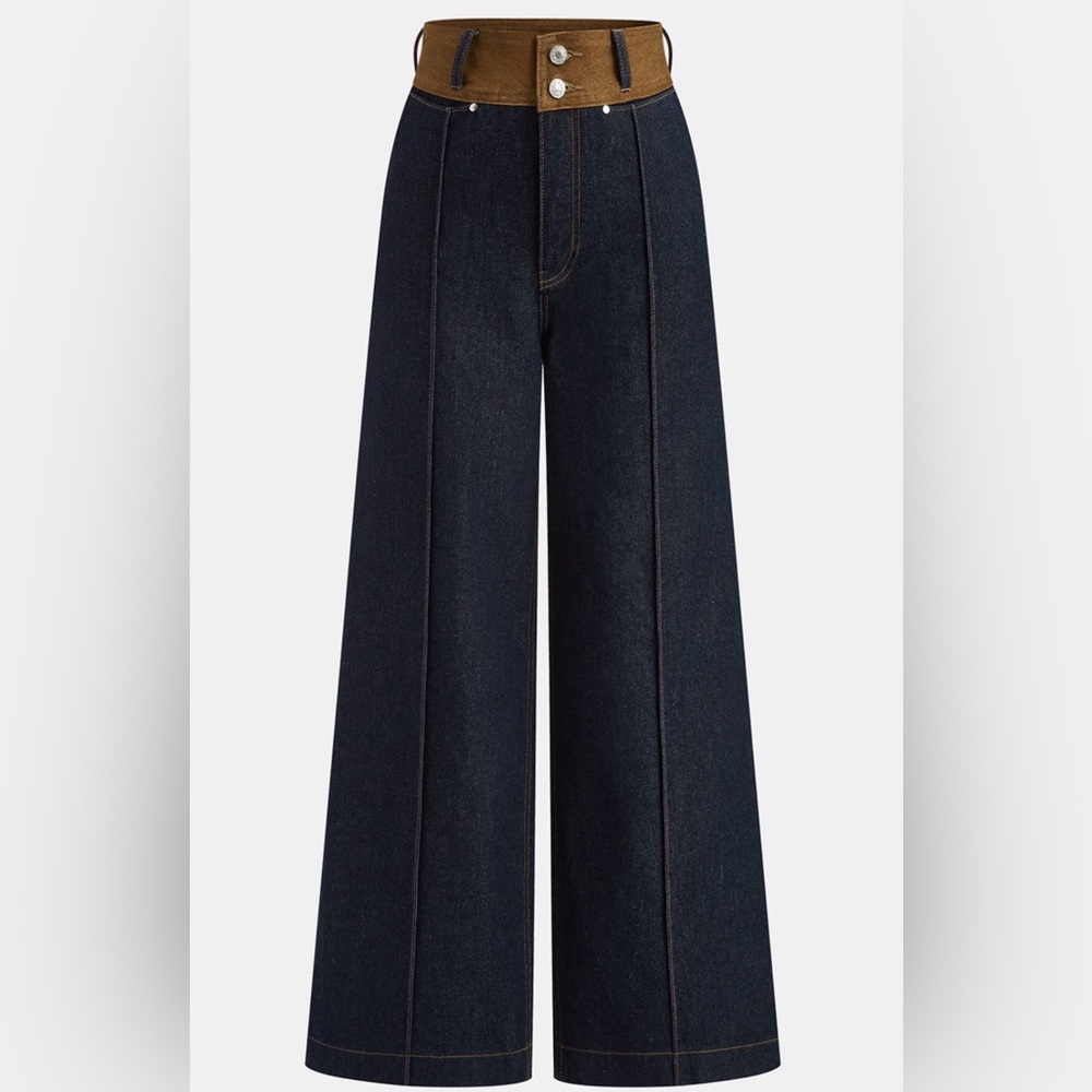 Commense Women's Contrast Waistband Denim Straight-Leg Wide-Bottom Jeans